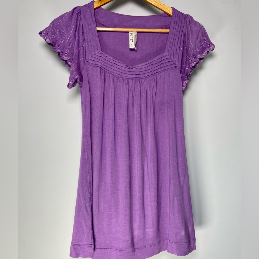 Kische Purple Top Eyelet Short Sleeve Tunic Spring Cottage Coquette Girl Blouse